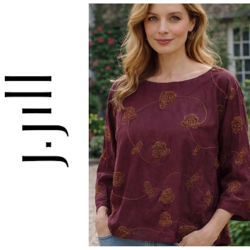 NWT J.Jill Valley Florals plum cotton embroidered 3/4 sleeve tunic